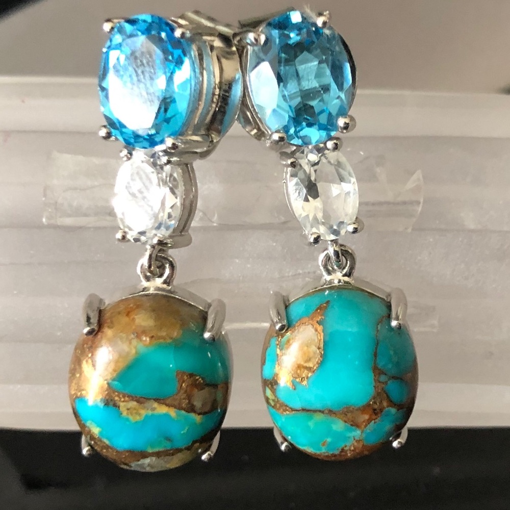 Gem Insider 1.25” Teal Mohave Turquoise & Topaz earrings. Markings may vary